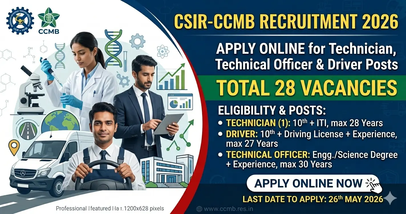 You are currently viewing CSIR CCMB Recruitment 2026 – Apply Online for Technician, Technical Officer & Driver Posts (28 Vacancies)