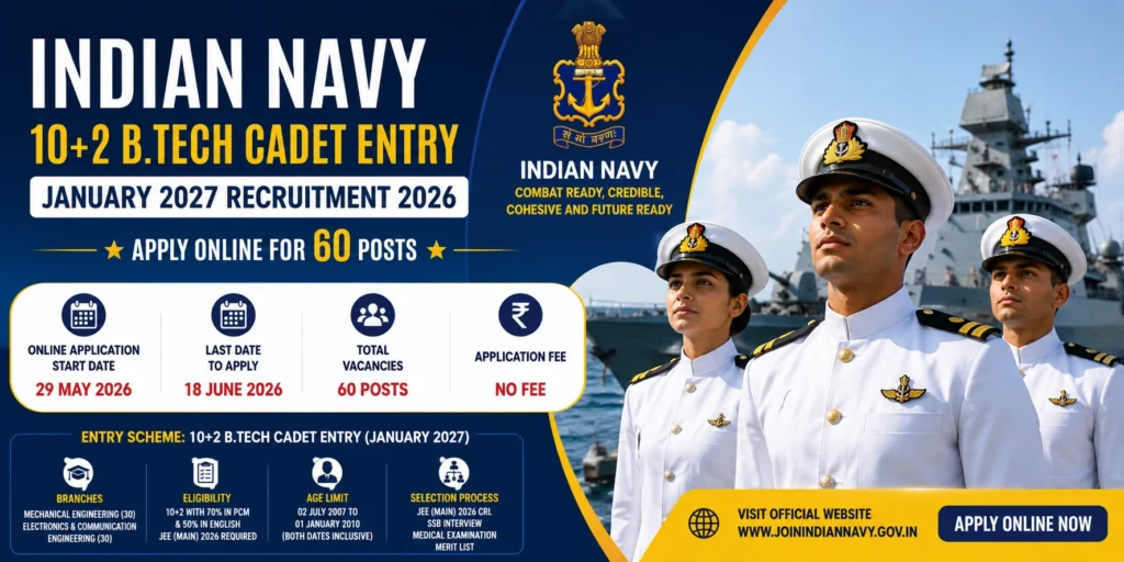 Indian Navy 10+2 B.Tech Cadet Entry January 2027 Recruitment 2026 – Apply Online