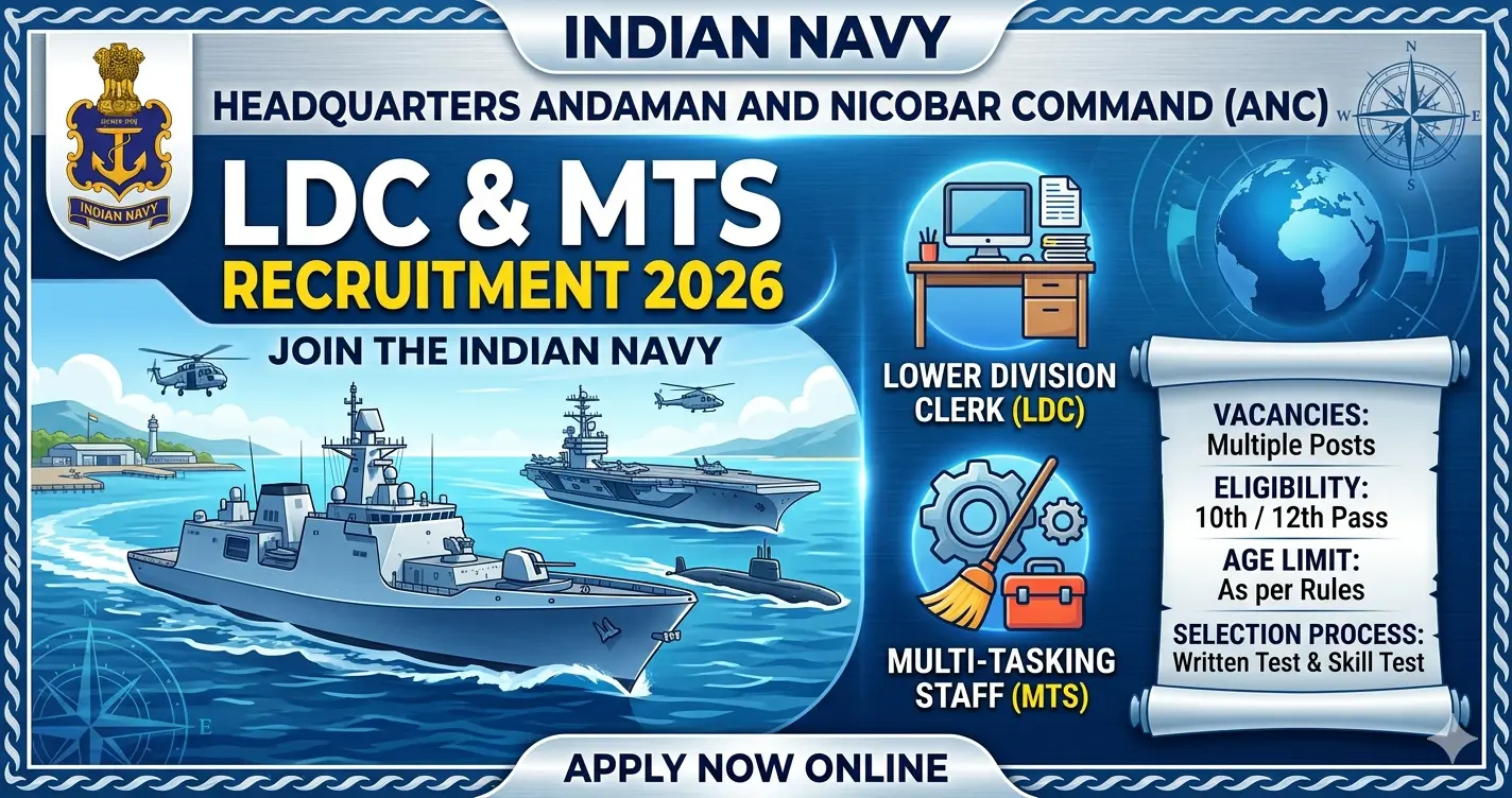 You are currently viewing Indian Navy HQ ANC LDC & MTS Recruitment 2026: Apply Offline for LDC & MTS Posts (Salary up to ₹63,200)