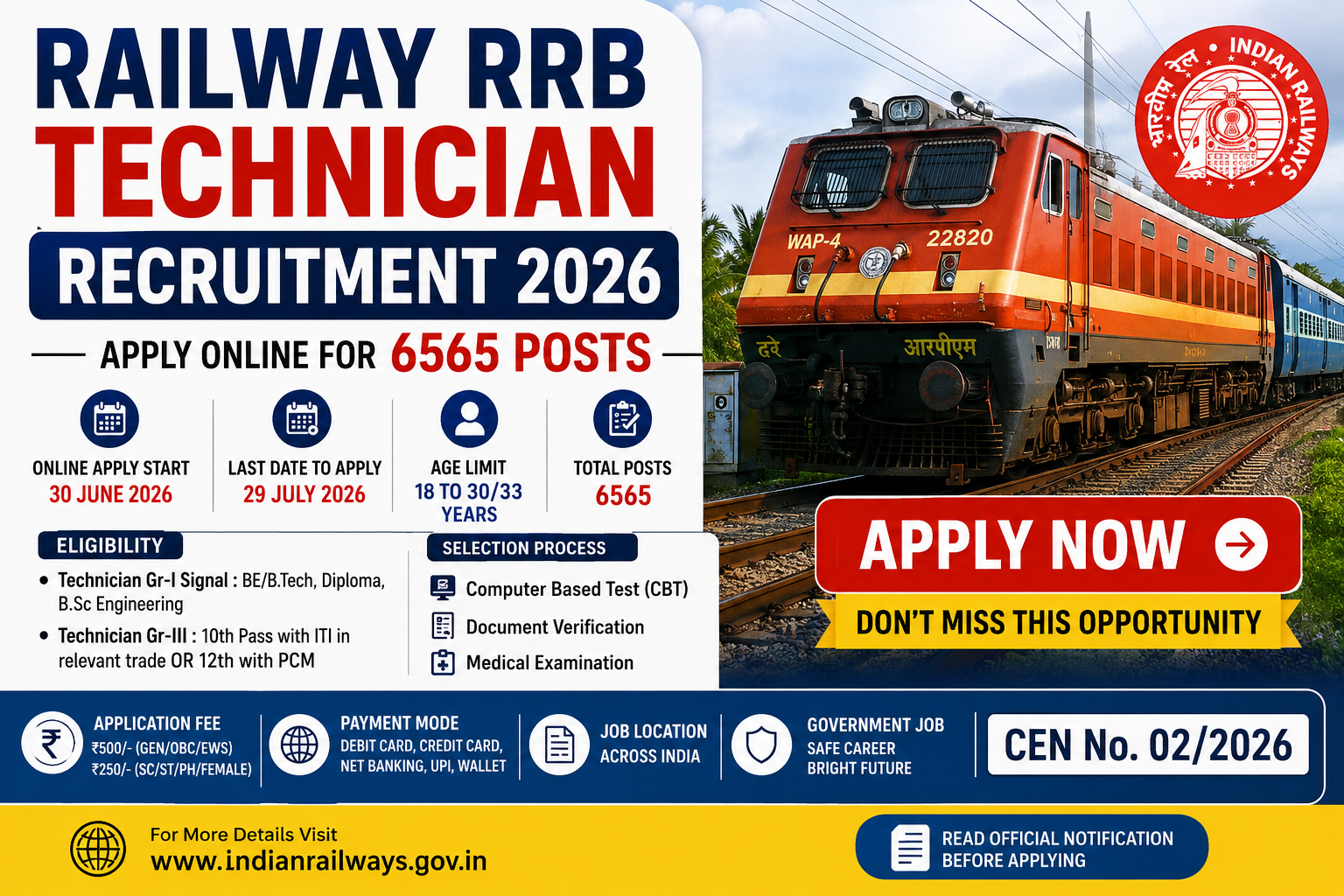 You are currently viewing Railway RRB Technician Recruitment 2026: Apply Online for 6565 Posts  Nice Apply Now