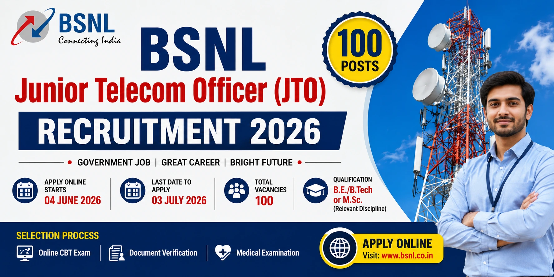 You are currently viewing BSNL Junior Telecom Officer (JTO) Recruitment 2026: Apply Online for 100 Posts Before 03 July Nice Opportunity