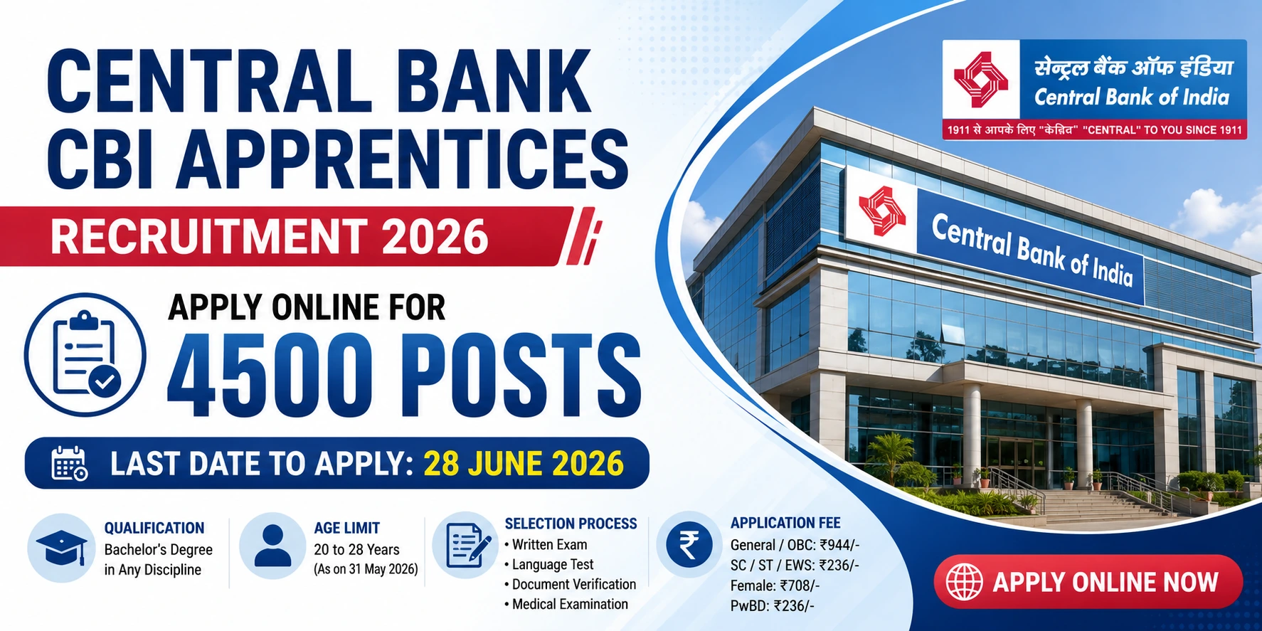 You are currently viewing Central Bank CBI Apprentices Recruitment 2026: Apply Online for 4500 Vacancies Before 28 June