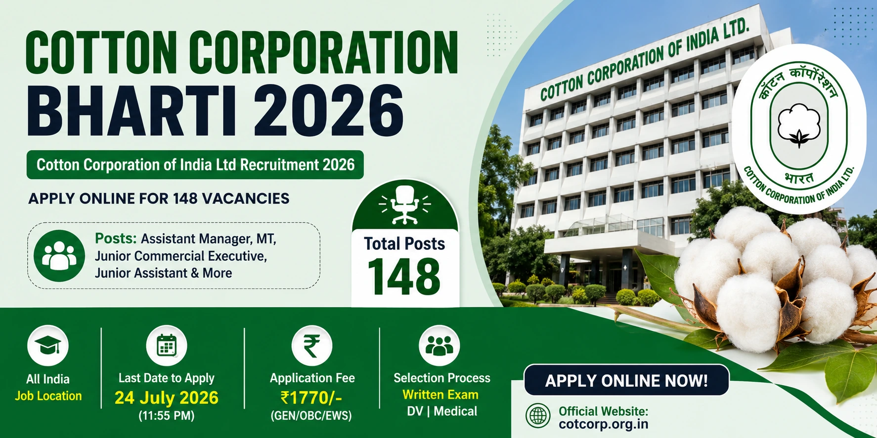 You are currently viewing Cotton Corporation Bharti 2026: Apply Online for 148 Assistant Manager, Management Trainee & Junior Assistant Posts Apply Now