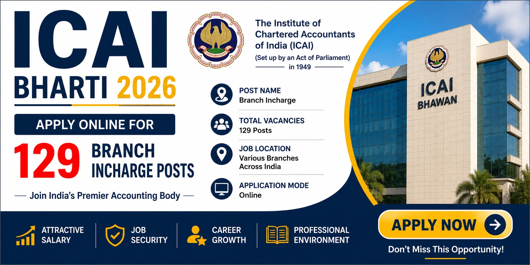 You are currently viewing ICAI Bharti 2026: Apply Online for 129 Branch Incharge Posts Apply Now