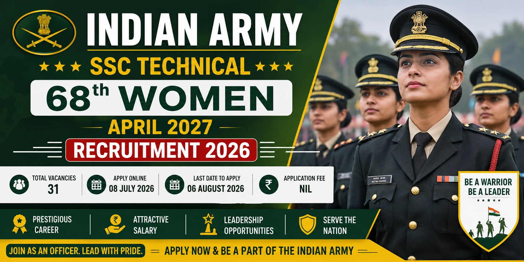 You are currently viewing Indian Army SSC Technical 68th Women April 2027 Recruitment 2026: Apply Online for 31 Vacancies Before 06 August